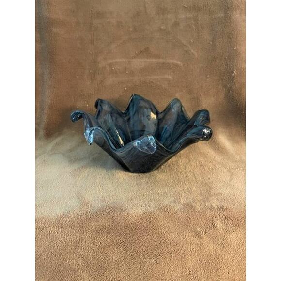 Vintage Murano Smokey Gray/Black/Copper Glitter Dust -Art Glass Wave Bowl - Picture 7 of 9